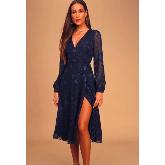 Elegant Navy Blue Wrap Dress - Picture 1 of 11